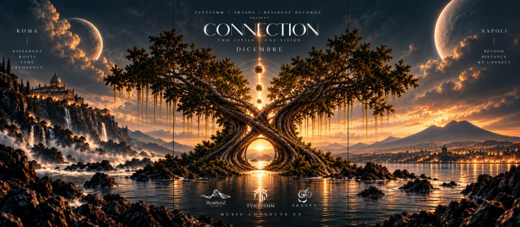 Connection flyer: two trees growing into one infinity shape over water, Roma on the left, Napoli on the right, December